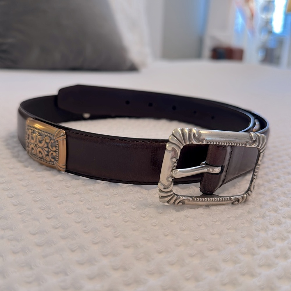 FOSSIL Womens Brown Leather Belt Ornate Silver Bronze Buckle Western Vintage MED